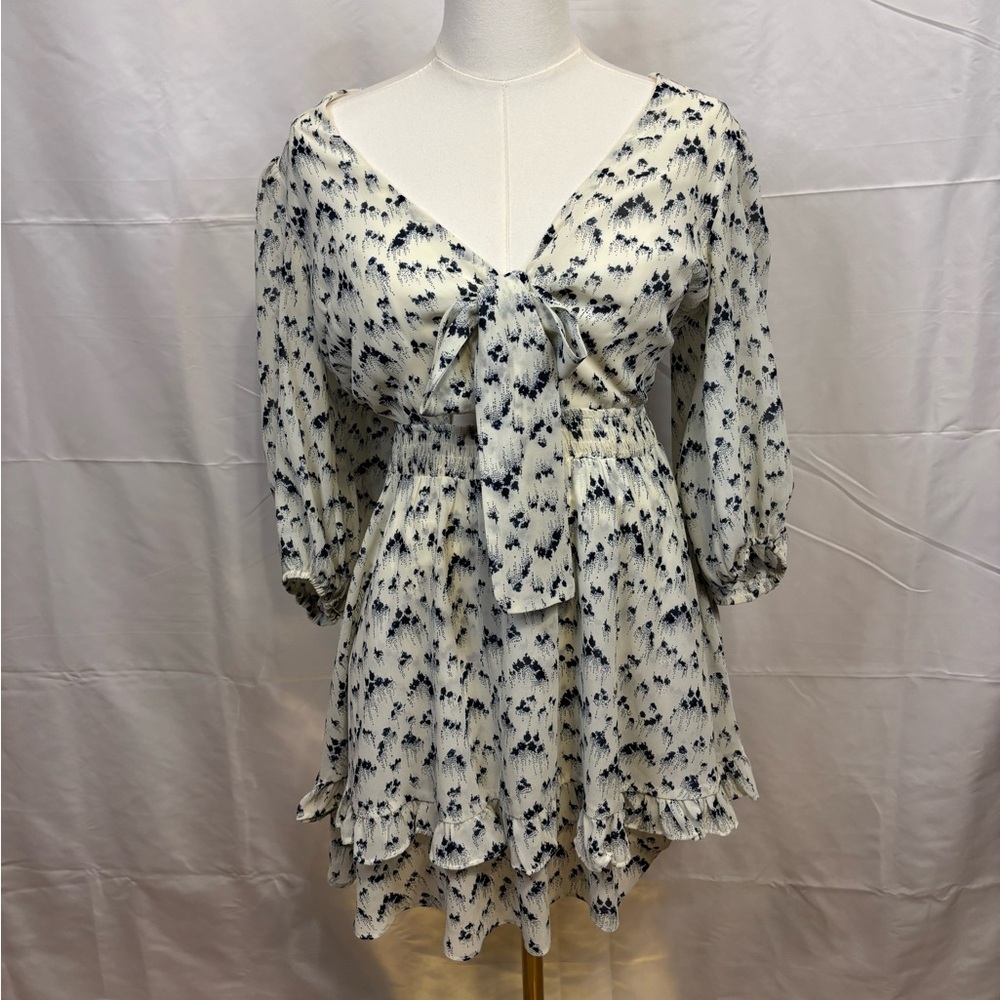 French Kiss Cream Blue Floral Tie Front Ruffle Mini Dress‎ Small